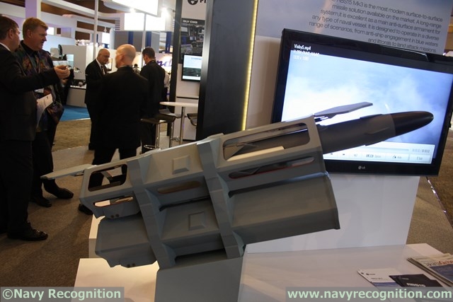 The RBS15 anti-ship missile (seen here in a scale model at Indodefence) will be the main surface to surface weapon system onboard the Stealth FAC