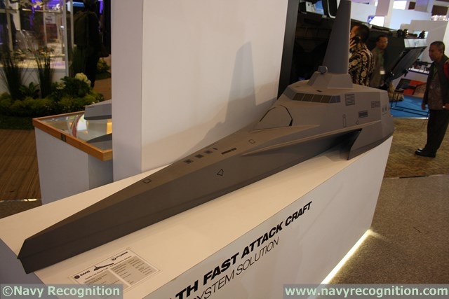 The Stealth Fast Attack Craft scale model on display on the joint Saab/PT Lundin stand at Indodefence 2014