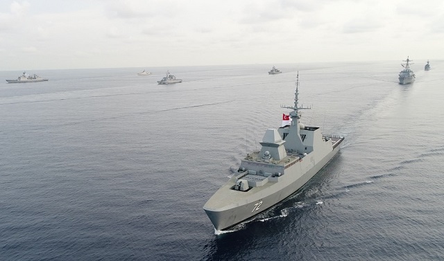 RSS Stalwart leading ships from Canada, France, Japan, Republic of Korea, Philippines, Thailand, the United States of America and Vietnam in the Multinational Group Sail in the South China Sea.