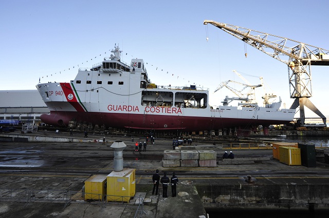 The first of two multi-purpose vessels commissioned from Fincantieri by the General Command of the Port Authority Corp for the Italian Coast Guard was launched today at Castellammare di Stabia (Naples). 