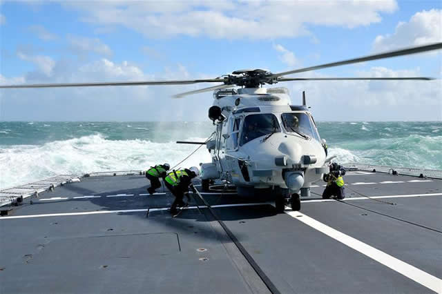 Royal Netherlands Navy crews of the NH90 helicopter and HNLMS Holland Offshore Patrol Vessel conducted deck landings with winds up to Force 8 and waves up to 4 meters high last week in the North Sea. 