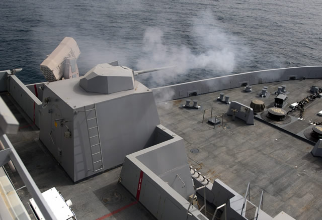 The MK 46 gun weapon system is a remotely operated naval gun system that uses a 30mm high velocity cannon, a forward looking infrared sensor, a low light television camera, and a laser rangefinder for shipboard self defense against small, high speed surface targets. The gun can be operated locally at the gun turret or remotely at the Remote Operating Console in the Combat Information Center (on San Antonio class) and in the Mission Control Center (on the LCS class).