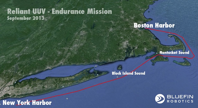 Bluefin Robotics, a leading provider of Unmanned Underwater Vehicles (UUVs), announced that the company, in support of the Naval Research Laboratory (NRL), has successfully completed a long-endurance UUV mission from Boston to New York totaling over 100 hours with NRL’s Reliant “Heavyweight” UUV. The multi-day mission exercised UUV autonomy methods and demonstrated the capability of a high capacity energy configuration. 
