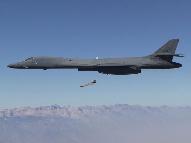 A B-1B Lancer successfully struck a waterborne target with a live warhead for the first time Aug. 27. The 337th Test and Evaluation Squadron completed their first of three scheduled live-fire tests of a Long Range Anti-Ship Missile, or LRASM, on-board a B-1.