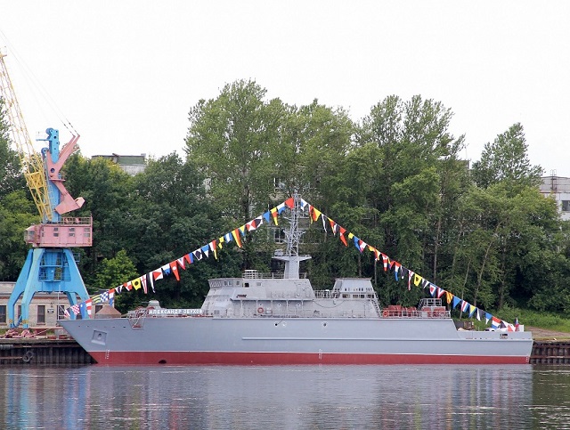 The lead mine countermeasures vessel (MCMV) of the new project 12700, the Alexander Obukhov (named after a famed Soviet fleet boat commander and hero) was launched during a ceremony at Sredne-Nevsky Shipyard in St Petersburg. The hull of this new class is made of composite materials in order to reduce electromagnetic interference (which could trigger the mines) and eases maintenance of the ship's structure.