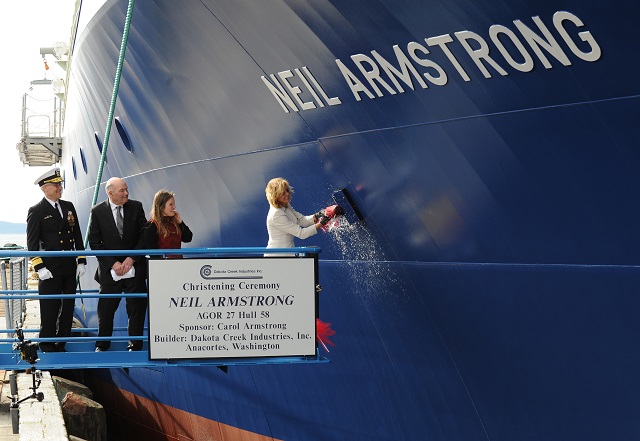 Chief of Naval Research Rear Adm. Matthew Klunder joined family members of the late Neil Armstrong March 29 to christen the Navy's newest research ship, named for the legendary astronaut and first man to walk on the moon.