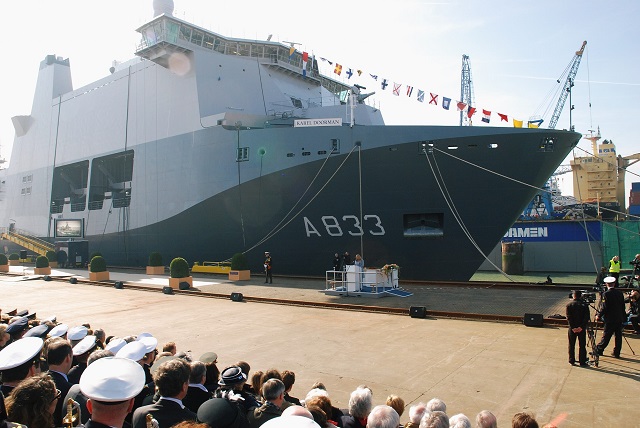 On Saturday, March 8th, Dutch Defence Minister Jeanine Hennis-Plasschaert ceremonially named the Karel Doorman, the new Joint Support Ship for the Royal Netherlands Navy. The ceremony took place in Vlissingen at the shipyard operated by Damen Schelde Naval Shipbuilding. With a length of 204.7 metres, the Karel Doorman is the biggest ship in the Dutch navy.