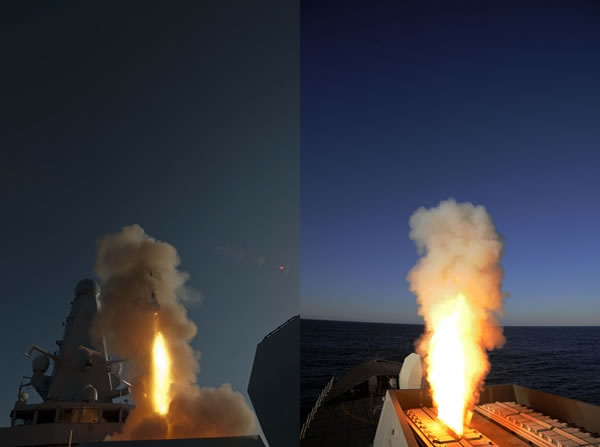 Leaving its launcher on the forecastle of HMS Defender is Sea Viper – the Royal Navy’s principal shield against air attack. Seconds after bursting free from its silo, the 310kg (683lb) missile was hurtling through the Atlantic skies at nearly four times the speed of sound.