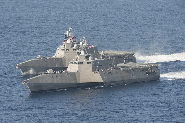 Last week Littoral Combat Ship USS Coronado (LCS 4) demonstrated the ability to rapidly stage and deploy a U.S. Marine Corps (USMC) ground unit. Marine Light Attack Helicopter Squadrons 469 and 303 conducted day and night deck-landing qualifications in preparation for an airborne raid of Marines from the 1st Reconnaissance Battalion onboard USS Coronado.