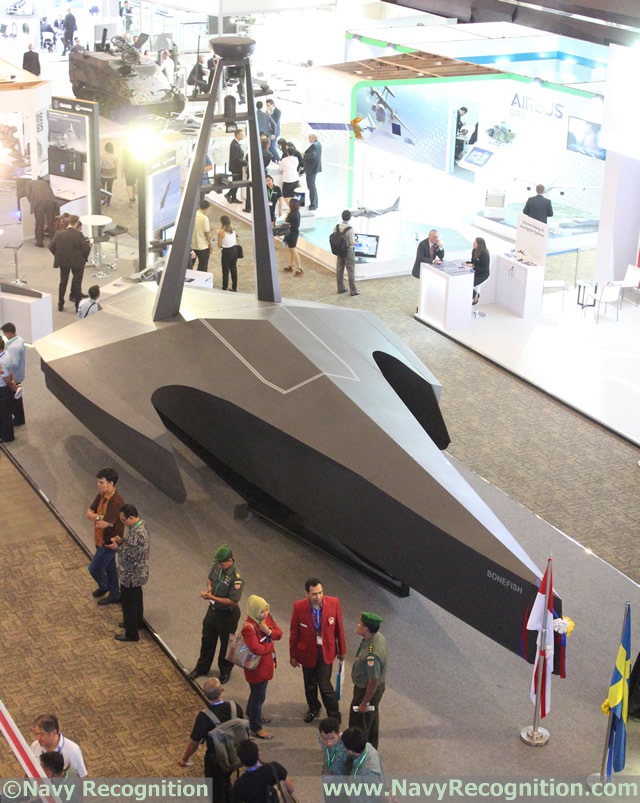 Saab and P.T Lundin unveiled the BONEFISH at Indo Defence Expo 2014– a concept demonstration Unmanned Surface Vessel (USV) to gauge market interest. The platform combines a trimaran hull with remote and autonomous control systems. It is integrated with radar, acoustic and electro-optical sensors and multiple communication systems.