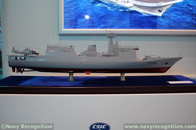 At AAD 2014 (Africa Aerospace and Defence Exhibition which took place from the 17 to 21 September in South Africa) the China Shipbuilding & Offshore International Company (CSOC) showcased its P18N Offshore Patrol Vessels (OPV) and its LPD/LHD design. The booth also featured a scale model of China's aircraft carrier Liaoning. CSOC is part of the part of the State Shipbuilding Corporation, China Shipbuilding Industry Corporation (CSIC).