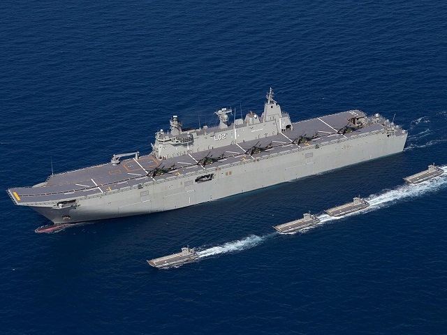 HMAS Canberra demonstration the new Australian Amphibious Ready Element (ARE) with MRH-90 helicopters on deck and the four landing craft. Picture: RAN