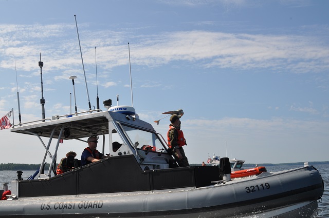 Marine and Coast Guard personnel launch an RQ-12A Wasp IV unmanned aircraft Aug. 12 during a joint exercise near Marine Corps Base Camp Lejeune, N.C. (U.S. Navy photo)