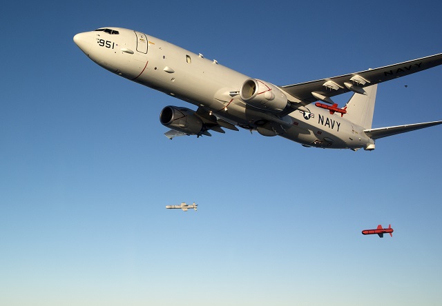 P-8A Poseidon during Harpoon release testing. Picture: US Navy
