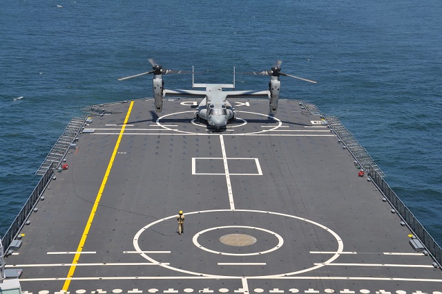 An MV-22 Osprey with Marine Medium Tiltrotor Squadron 261 prepares to land onto the Karel Doorman, a Dutch warship, during an interoperability test near Marine Corps Air Station New River, N.C., June 12, 2015. The unit worked jointly with the Royal Netherlands Navy to perform the first MV-22 Osprey carrier landing aboard a Dutch warship and strengthened the existing partnership between the two countries. Picture: USMC