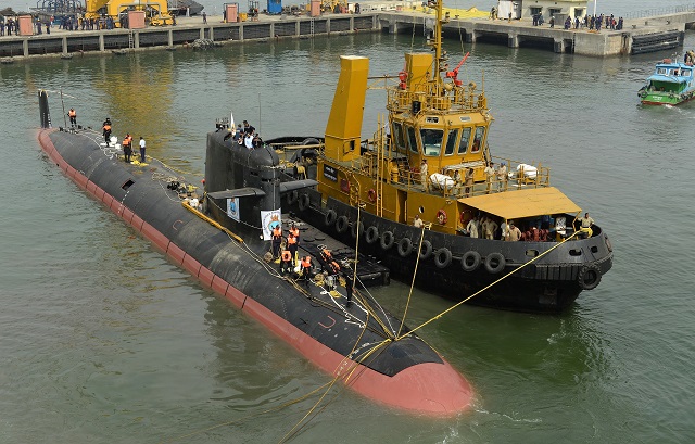 DCNS released high definition pictures of Klavari, the Scorpene class diesel-electric submarine (SSK) for the Indian Navy. Built by Indian shipyard Mazagon Dock Shipbuilders Limited, was launched in the water on 28th October 2015 in Mumbai.