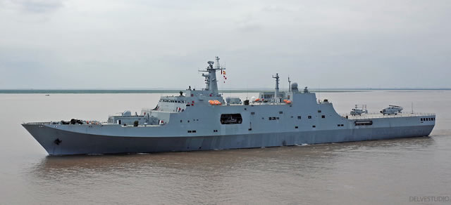 Chinese media recently released pictures showing the fourth People's Liberation Army Navy (PLAN or Chinese Navy) Type 071 amphibious transport dock LPD Yimeng Shan (hull number 978) on sea trials. Yimeng Shan was built Hudong-Zhonghua Shipbuilding, a wholly owned subsidiary of China State Shipbuilding Corporation (CSSC, the largest shipbuilding group in China) as was the case for the first three Type 071 vessels. It was launched in January this year.