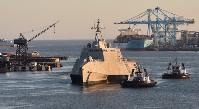 The future USS Montgomery (LCS 8) successfully completed phase two of its [A1] builder's trials, which included extensive testing of the Twin Boom Extensible Crane system, April 21. The builder, Austal USA, will perform any remaining corrective actions required of the ship in preparation for acceptance trials, to be conducted by the Navy's Board of Inspection and Survey (INSURV) later this spring.