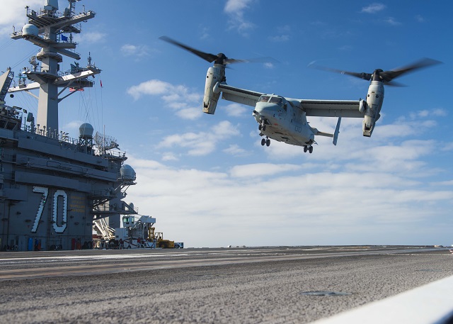 Aircraft carrier USS Carl Vinson (CVN 70) completed a Fleet Battle Experiment (FBE) for the future Navy variant CMV-22B Osprey. Commander, Naval Air Forces conducted the FBE, July 22 through Aug. 4. The experiment explored, analyzed and documented the characteristics of operating a detachment of MV-22s for the carrier strike group as a replacement for the Navy's C-2A Greyhound carrier on-board delivery (COD) platform.