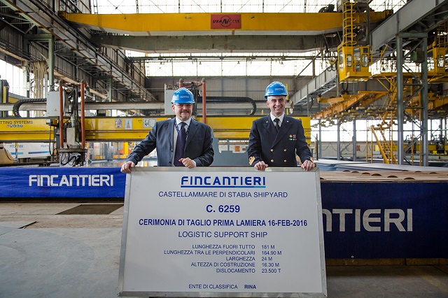 The steel cutting ceremony of the LSS logistic support unit’s bow section was held today at Fincantieri’s shipyard in Castellammare di Stabia. Construction works, therefore, officially started on the first unit, as provided in the renewal plan of the Italian Navy’s fleet, which has been commissioned to Fincantieri.