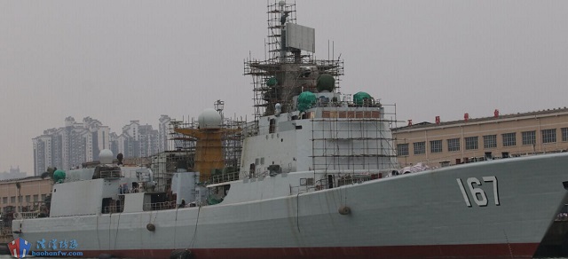 Also noticeable on the new pictures of Shenzhen's refit are four Type 345 (Front-Dome type) illuminators, hinting that the destroyer will highly likely be fitted with a number of VLS (vertical launch system) cells for HQ-16 surface to air missiles in place of the eight unit HQ-7 SAM launcher (Chinese variant of the French Crotale SAM).