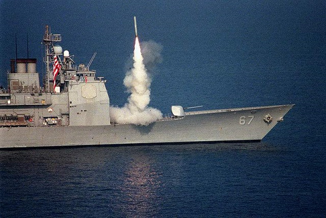 Tomahawk Launch aboard the U.S. Navy’s Ticonderoga Class cruiser USS Shiloh. US Navy picture