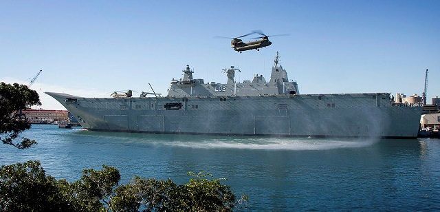 Amphibious ship, HMAS Canberra has conducted deck and handling trials with two Chinook helicopters alongside in Sydney recently. The aircraft, from the 5th Aviation Regiment, based in Townsville will go on to conduct first of class flight trials with Canberra's sister ship, HMAS Adelaide. 