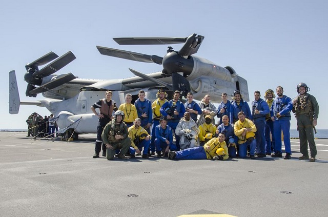 The French Navy (Marine Nationale) announced that it took another step in the interoperability between the V-22 Osprey and the Mistral-class LHD Dixmude on May 2nd 2016. While V-22s have been tested with the Mistral class several times to date (they were even officially qualified with the Mistral-class last year) it is the first time that the Bell-Boeing tilt-rotor aircraft was qualified for "blades and wings folding and long time parking" aboard the French Navy LHD.