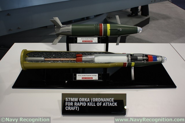 BAE Systems at the Navy League’s 2015 Sea-Air-Space Exposition is showcasing for the first time a new 57mm guided projectile: The Ordnance for Rapid Kill of Attack Craft or ORKA (technical designation: MK295 MOD 1). The new round is designed to be shot from the 57mm MK110 fitted on both types of US Navy Littoral Combat Ships.