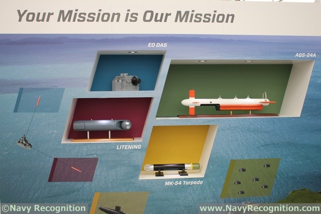 Northrop Grumman's capability in unmanned mine detection, classification and identification is highlighted at the show. The AQS-24B high-speed synthetic aperture sonar based mine-hunting system is towed from unmanned surface vessels as well as the MH-53E and MCH-101 helicopters. The AQS-24B and its predecessor systems, AQS-24A and the AQS-14, are the only operational high speed mine-hunting search systems used by the U.S. Navy for the past 31 years. The Airborne Laser Mine Detection System is a laser-based, light detection and ranging sensor system that detects, classifies and localizes near-surface mine-like objects from above the waterline and is complementary to the AQS-24B.
