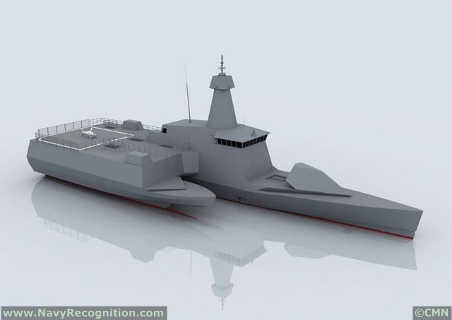 The Combattante SWAO 53 is revolutionary stealth ship concept with a unique outrigger hull design, fitted with a large capable of accomodating both helicotpers and UAVs. SWAO stands for "Small waterplane area outrigger". 