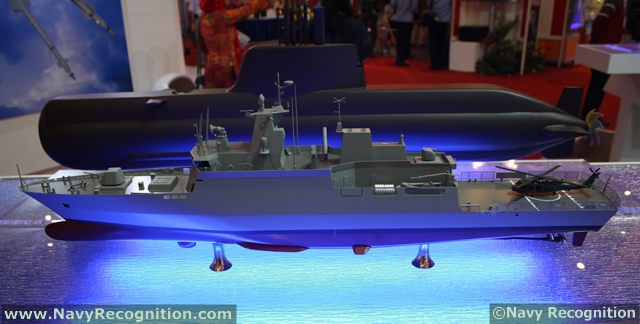 Model of a MEKO 100 Patrol Corvette on TKMS stand during Indo Defence/Indo Marine 2012
