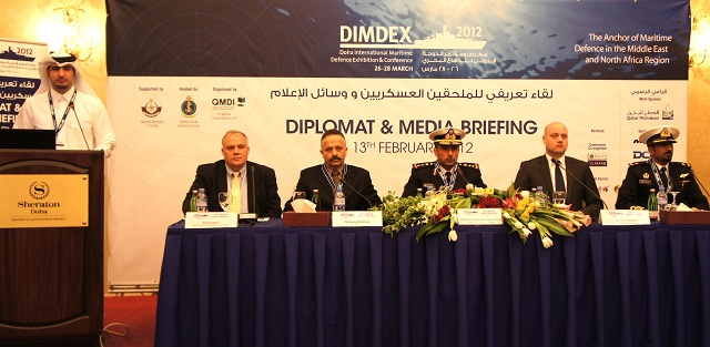With the third Doha International Maritime Defence Exhibition & Conference (DIMDEX 2012) fast approaching, a Diplomat & Media Briefing was held this morning at the Sheraton Hotel to ensure that visiting VIP delegations and warships are up-to-date with all arrangements for the event in March 26-28.