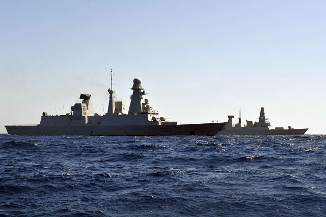 The Marine Nationale's Forbin Air Defence Destroyer (Horizon class) met her Royal Navy counterpart HMS Diamond (Type 45) in the Mediterranean at the end of June. Off the coast of Spain, the two Destroyers carried out various operational maneuver.