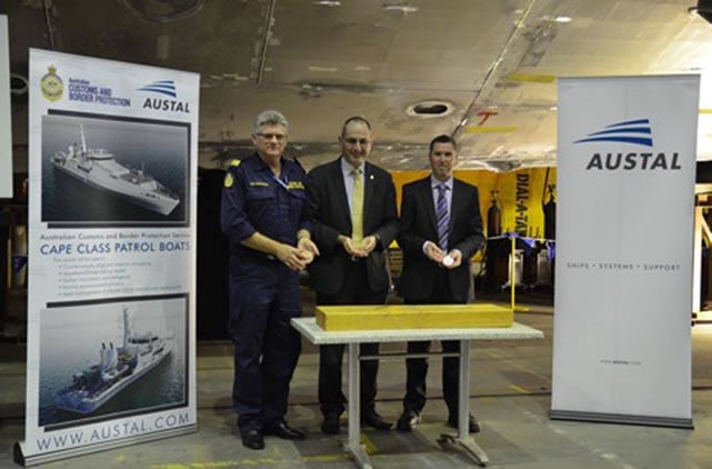 Demonstrating the rapid progress of the Cape Class Patrol Boat Program, Austal today hosted the keel-laying ceremony for the third vessel, Cape Nelson, one of eight 56-metre patrol boats that Austal is designing, building and supporting for the Australian Customs and Border Protection Service.