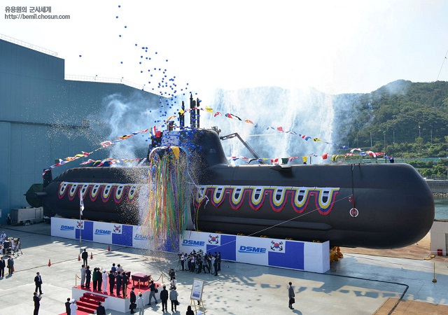 South Korea's Navy held a ceremony Tuesday to launch its fourth 1,800-ton, 214-type submarine to boost its underwater warfare capabilities. The fourth submersible of 214-type, which represents the size of the warship, was launched in the afternoon at a shipyard of Daewoo Shipbuilding & Marine Engineering in Geoje Island, southeast of Seoul, the Navy said in a statement.
