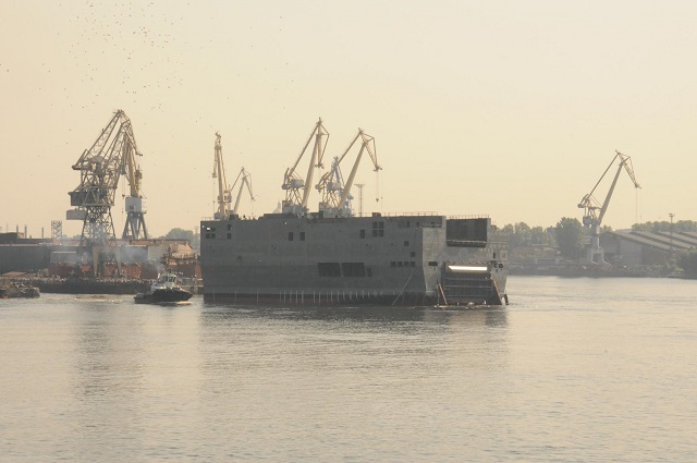 The stern of the Russian Navy's first Mistral-class helicopter carrier was floated out on Wednesday, a Russian shipyard said. The Vladivostok is to enter service with the Russian Navy next year, Baltiisky shipyard chief Alexander Voznesensky said.