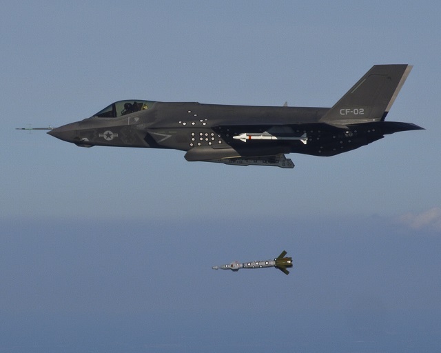 The Navy variant of the F-35 executed the first airborne separation test of an inert weapon on 21 October. Marine Corps test pilot Capt Justin Carlson flew the F-35C test aircraft known as CF-2 over an Atlantic test range when he released the 500-pound inert Guided Bomb Unit-12 (GBU-12) Paveway II laser-guided weapon from an internal weapons bay. With Monday's weapons separation, all three F-35 variants have released ordnance from their weapons bays. 