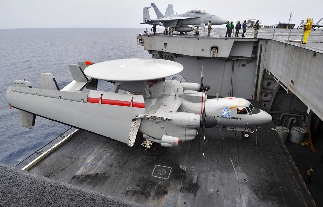 An E-2D Hawkeye assigned to Test and Evaluation Squadron is moved from the flight deck to the hangar bay aboard the aircraft carrier USS Harry S. Truman. The "D" model is aboard Harry S. Truman for operational testing and evaluation before delivery to the fleet. Picture: U.S. Navy