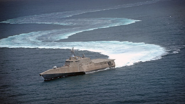 The littoral combat ship USS Independence (LCS 2) conducting full power propulsion and maneuvering tests in the Pacific Ocean off the coast of San Diego. (file U.S. Navy photo by Mass Communication Specialist 2nd Class Daniel M. Young/Released)