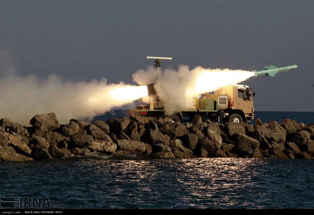 Noor anti-ship missiles are launched from mobile coastal batteries during the large scale exercise