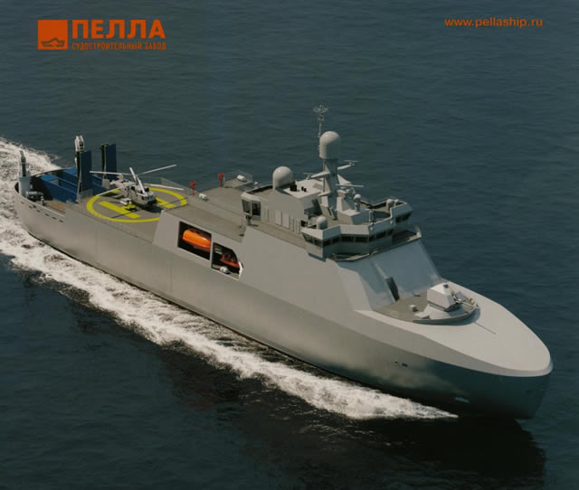 Also during IMDS 2015 maritime defense show, Pella Shipyard based in Leningrad unveiled an Arctic Patrol Ship. No order has been placed yet, but it is worth mentioning because the design of this 6,800 tons / 114 meters long patrol vessel with ice breaking capabilities features a large helipad and space at the stern for two Club-K Container Missile Systems.
