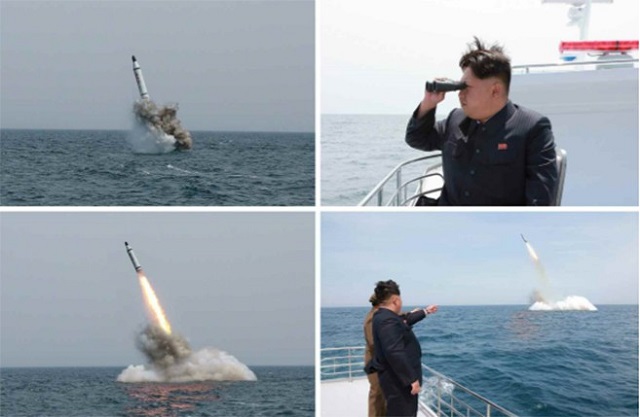 North Korea officially announced (and released pictures showing) the first SLBM test (Submarine Launched Ballistic Missile) from its new Sinpo class SSB (Ballistic Missile Submarine). North Korea leader Kim Jong-Un personally oversaw the launch, according to state-run KCNA agency. The report detailed how the launcher submarine dived at the sound of a combat alarm to test fire the missile.
