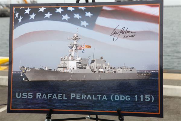 On Saturday, Oct. 31, General Dynamics Bath Iron Works christened the U.S. Navy’s newest guided-missile destroyer Rafael Peralta (DDG 115). The ship is named for Sgt. Rafael Peralta, U.S. Marine Corps, who was deployed to Iraq in Operation Iraqi Freedom and was killed November 15, 2004, during the Second Battle of Fallujah in house-to-house urban combat. General Dynamics Bath Iron Works is a business unit of General Dynamics.