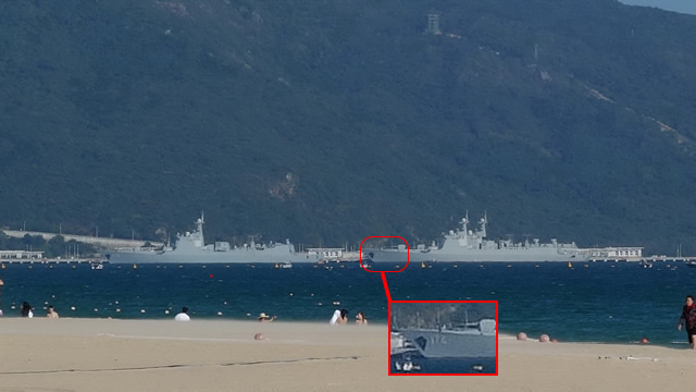 Recent chinese spotter pictures (November 2015) showing first ship of the Type 052C class Destroyer Lanzhou (170), left, and two Type 052D Destroyers including the third in the series, Hefei (174), right, at Yulin Naval Base in Yalong Bay on Hainan island.