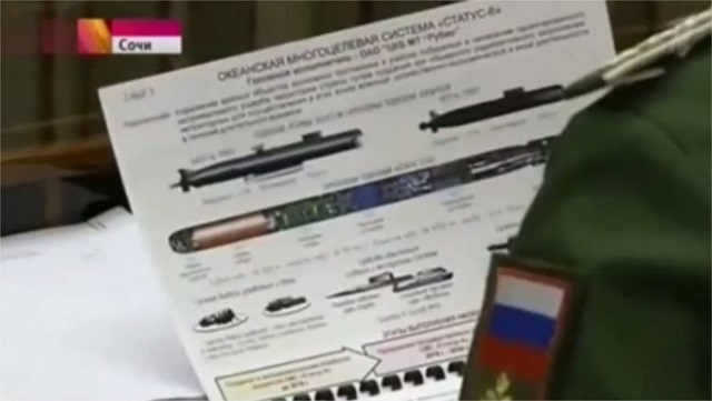 At least two Russian television channels, NTV and Channel One, have aired footage on Tuesday showing plans of a never disclosed before nuclear torpedo. Footage shows a Russian military official holding a document containing technical drawings and information about a new "Status-6" torpedo designed by Central Design Bureau for Marine Engineering “Rubin”. This was filmed during a meeting of Russian President Vladimir Putin with military officials in the Black Sea resort city of Sochi.