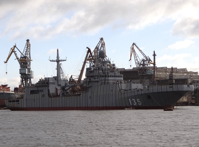 Recent images show the Russian Navy Project 11711 Ivan Gren tank landing ship in degaussing operations at the Yantar Shipyard in Kaliningrad. Degaussing or deperming is a procedure for erasing the permanent magnetism from ships and submarines to camouflage them against magnetic detection vessels and marine mines.