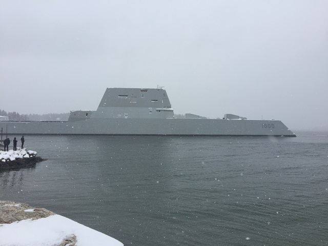 The future guided-missile destroyer USS Zumwalt (DDG 1000) departed the Bath Iron Works shipyard on March 21st for its second at-sea period to conduct builder's trials during which many of the ship's key systems and technologies will be demonstrated.