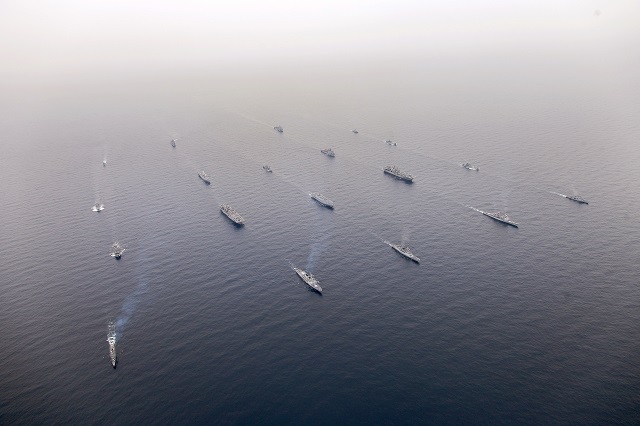 EAST SEA (March 8, 2016) Ships from the U.S. and Republic of Korea navy transit in formation during a photographic exercise as a part of Exercise Ssang Yong 2016. Ssang Yong 16 is a biennial combined amphibious exercise conducted by forward-deployed U.S. forces with the Republic of Korea Navy and Marine Corps, Australian Army and Royal New Zealand Army Forces in order to strengthen our interoperability and working relationships across a wide range of military operations - from disaster relief to complex expeditionary operations. (U.S. Navy photo by Ed Thompson/Released)
