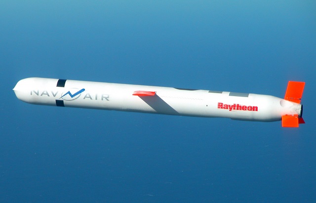 A Tactical "Tomahawk" Block IV cruise missile, conducts a controlled flight test over the Naval Air Systems Command (NAVAIR) western test range complex in southern California. (U.S. Navy photo)